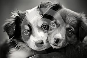 Two adorable puppies in love. Valentines day concept. Postcard, poster design. Generative Ai