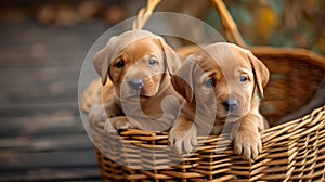 Two adorable puppies peering out from a wicker basket. charming pet portrait perfect for animal enthusiasts. cozy and