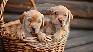 Two adorable puppies peering out of a wicker basket. cute pets in a rustic setting. perfect for family-friendly content