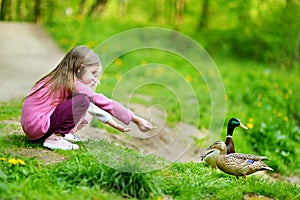 Two adorable sisters feeding ducks by a river