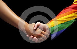 Two adults shaking hands. Concept of friendship, Progress LGBTQ Rainbow flag. Generative AI