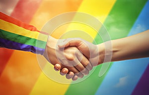 Two adults shaking hands with a rainbow flag in the background. Generative AI
