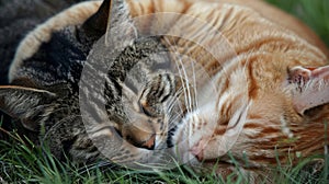 Two affectionate cats napping together in the grass, symbolizing friendship and peace.