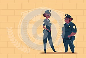Two African American Police Women Wearing Uniform Female Guards On Blue Bricks Background