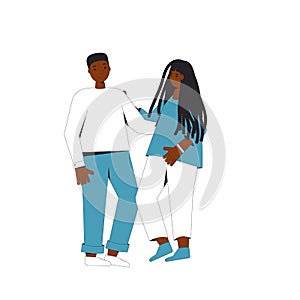 Two african american teenagers standing together. Young male and female friends wearing in casual clothes. Pair standing and