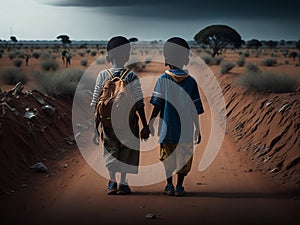 Two African brothers walking aimlessly through the desert