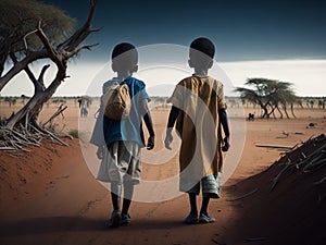 Two African children leaving their poor village towards the burning desert