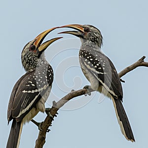 Two African red-billed hornbills (Tockus erythrorhynchus) perched on a branch. They photo