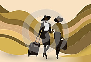 Two African women, travelling together with suitcases, minimalist illustration isolated on curved lines background.