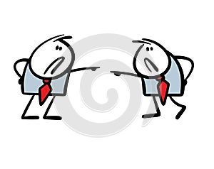 Two aggressive businessmen, colleagues or partners point at each other, swear, accuse. Vector illustration of quarrel between photo