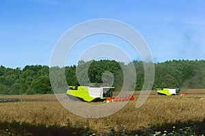 Two agricultural machines operate in the field, grain harvesting machines operate in the field, agricultural land