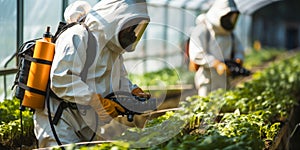 Two agricultural workers in protective suits spraying plants with pesticide in a sunlit greenhouse, ensuring crop health and pest