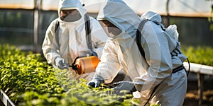 Two agricultural workers in protective suits spraying plants with pesticide in a sunlit greenhouse ensuring crop health and pest