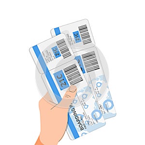Two air flight tickets, boarding passes in hand. Tourist, passenger holding checkin papers for airline, airplane travel