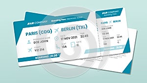 Two airline tickets. Airplane boarding ticket with passenger name, airlines flight invitation and airplanes pass vector