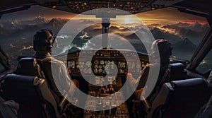 Two airplane pilots are working with their computer in a cockpit, in the style of panoramic scale