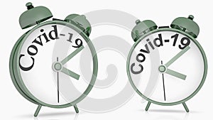 Two alarm clocks with Covid 19-concept