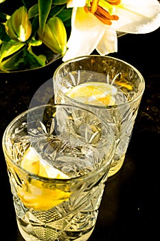 two alcohol cocktail glasses with yellow lemon, ice cubes, lillie on black background