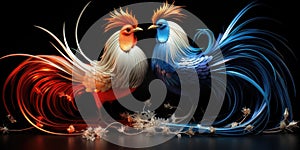 Two alerting roosters, red one and blue one, AI