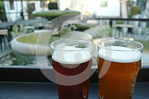 Two ales / beers closeup, with fountain in background