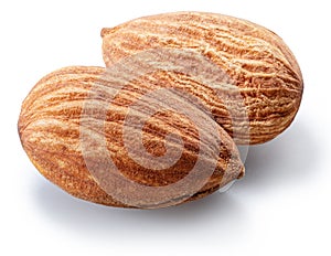 Two almond nuts on white background. File contains clipping path