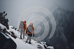 two alpinists with big backpacks climbing a high snowy mountain in winter