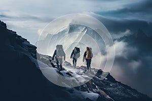 two alpinists with big backpacks climbing a high snowy mountain in winter