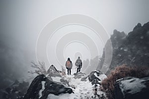 two alpinists with big backpacks climbing a high snowy mountain in winter