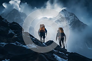 two alpinists with big backpacks climbing a high snowy mountain in winter