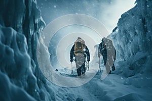 two alpinists with big backpacks climbing a high snowy mountain in winter