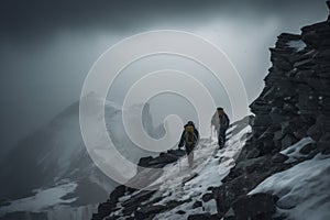 two alpinists with big backpacks climbing a high snowy mountain in winter