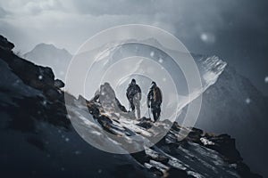 two alpinists with big backpacks climbing a high snowy mountain in winter