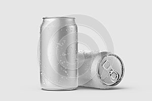 Two aluminium drink can 330ml with water drops mockup template.