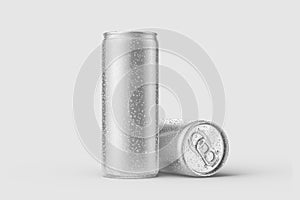 Two aluminium drink cans 250ml with water drops mockup template.