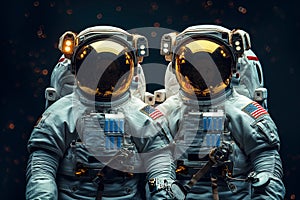 two American astronauts in spacesuits in outer space against background of stars