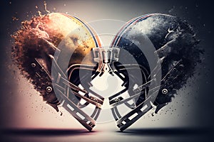 Two American football helmets crashing at each other. Generative ai illustration. Generative ai illustration.