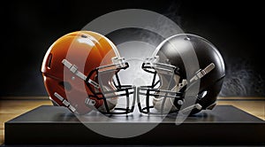 Two American football helmets facing each other on a black background with smoke