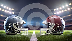 two American football helmets facing each other on football field
