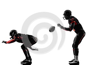 Two american football players on scrimmage silhouette