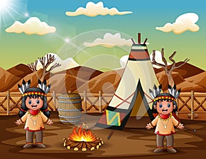 Two american indians cartoon with teepees