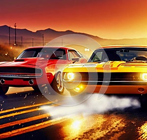 Two american muscle cars racing at sunrise