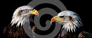 Two American national bird Bald Eagles on black background, AI-generated