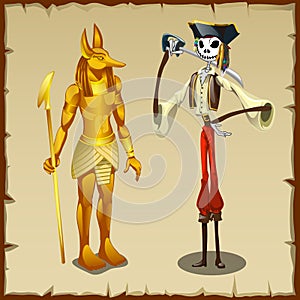 Two ancient symbols, Anubis figurine and pirate