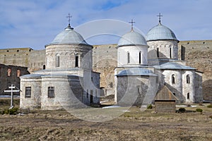 Two ancient temples in the Ivangorod fortress. Leningrad region, Russia