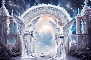 Two angels archangels with beautiful wings like guardian of heaven gate