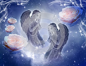 Two angels archangels with romantic roses and mystic starry background