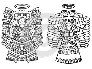 Two angels coloring book page for home pastime