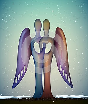 Two angels in love, together forever, futuristic angels icon, contemporary art Christmas sculpture, christianity symbol,