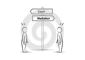 Two angree men and waymark court mediation isolated on white background, horizontal vector photo