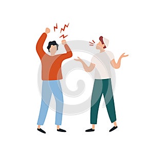 Two angry cartoon guys screaming during conflict vector flat illustration. Male friends quarreling each other isolated